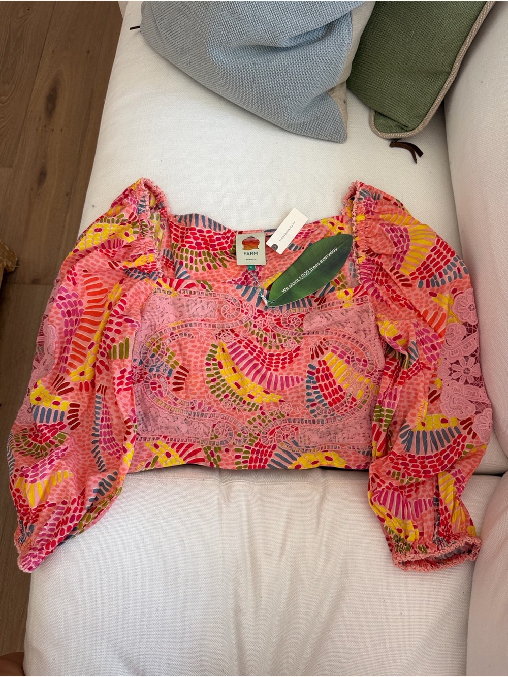 NWT FARM Rio Dotted Banana Lace-Panel Puff Sleeve Top